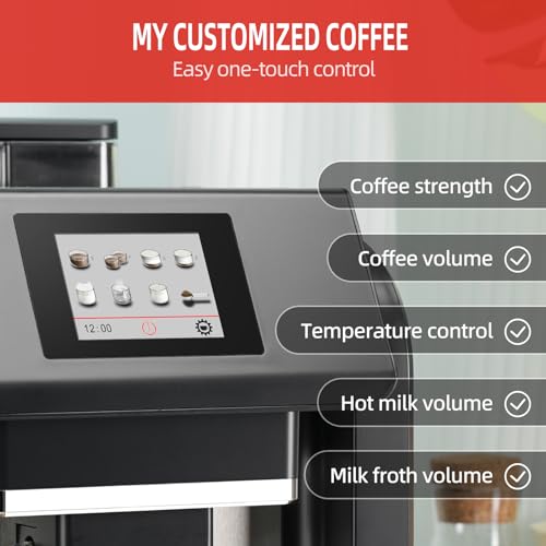 Mcilpoog ES317 Fully Automatic Espresso Machine，Milk Frother,Built-in Grinder，Intuitive Touch Display ，7 Coffee Varieties for Home, Office,and more