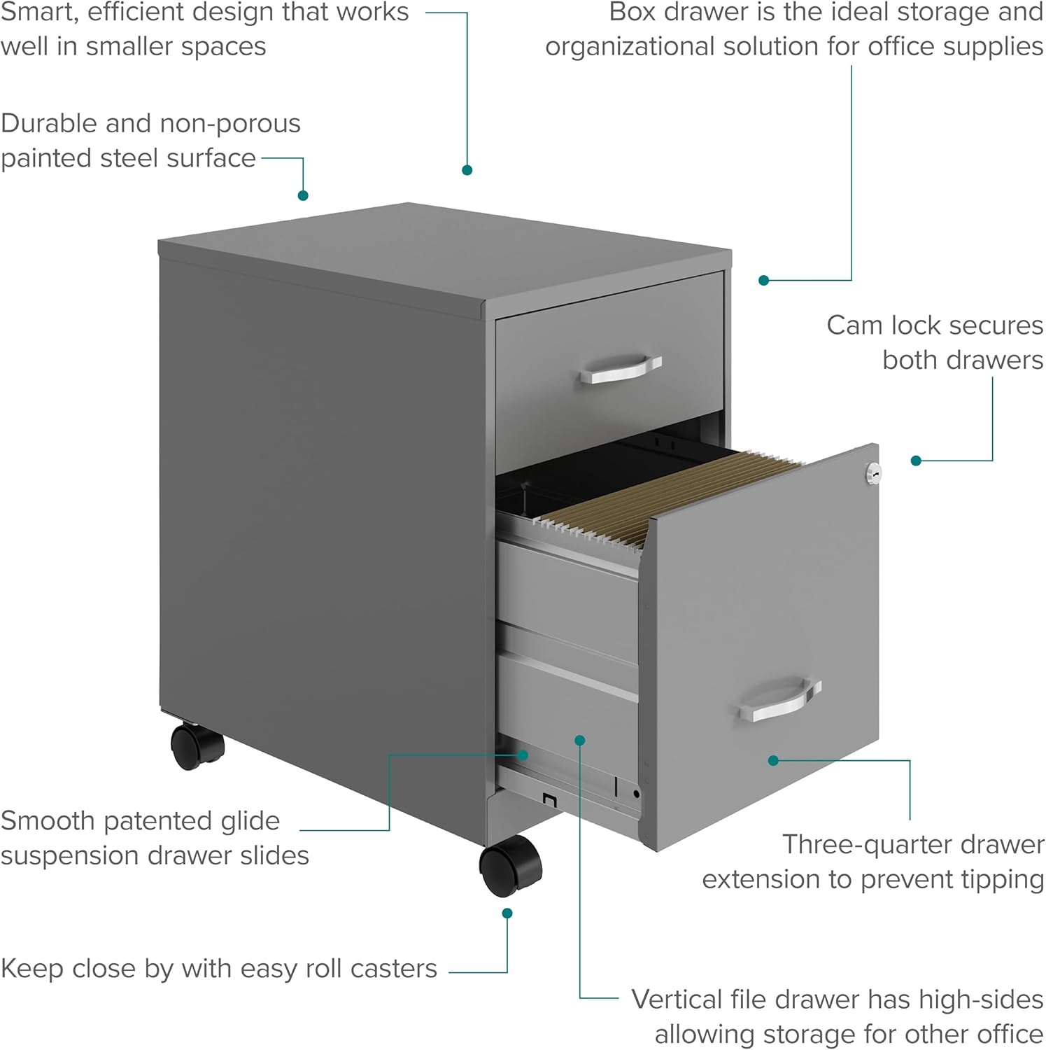 Space Solutions 18" D 2 Drawer Mobile Metal Vertical File Cabinet - Arctic Silver