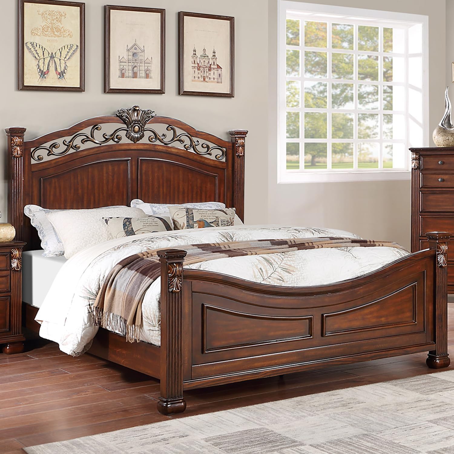 Wooden California King Bed with Crafted Headboard in Dark Cherry