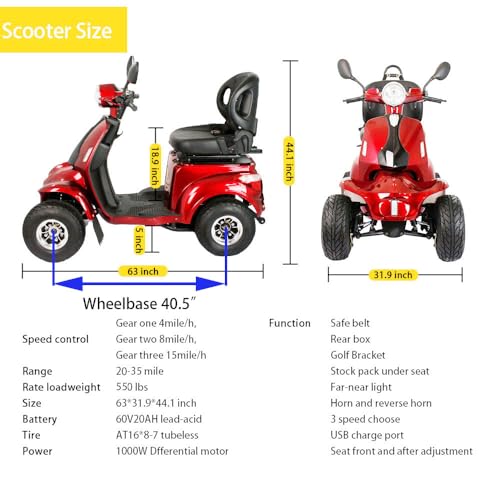 Mobility Scooters for Seniors & Adults, Heavy Duty 4-Wheel 3-Speed Medical Electric Golf Mobility Scooter Battery Powered with Rear Lock Box & Golf Cart Rack Adjustable Seat