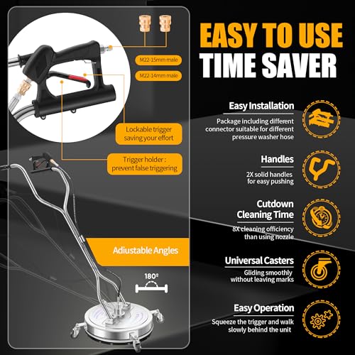 Pressure Washer Surface Cleaner with 4 Wheels - Stainless Steel Surface Cleaner for Pressure Washer Attachment for Concrete, Driveway, Patio, Sidewalk, Deck and Driveways
