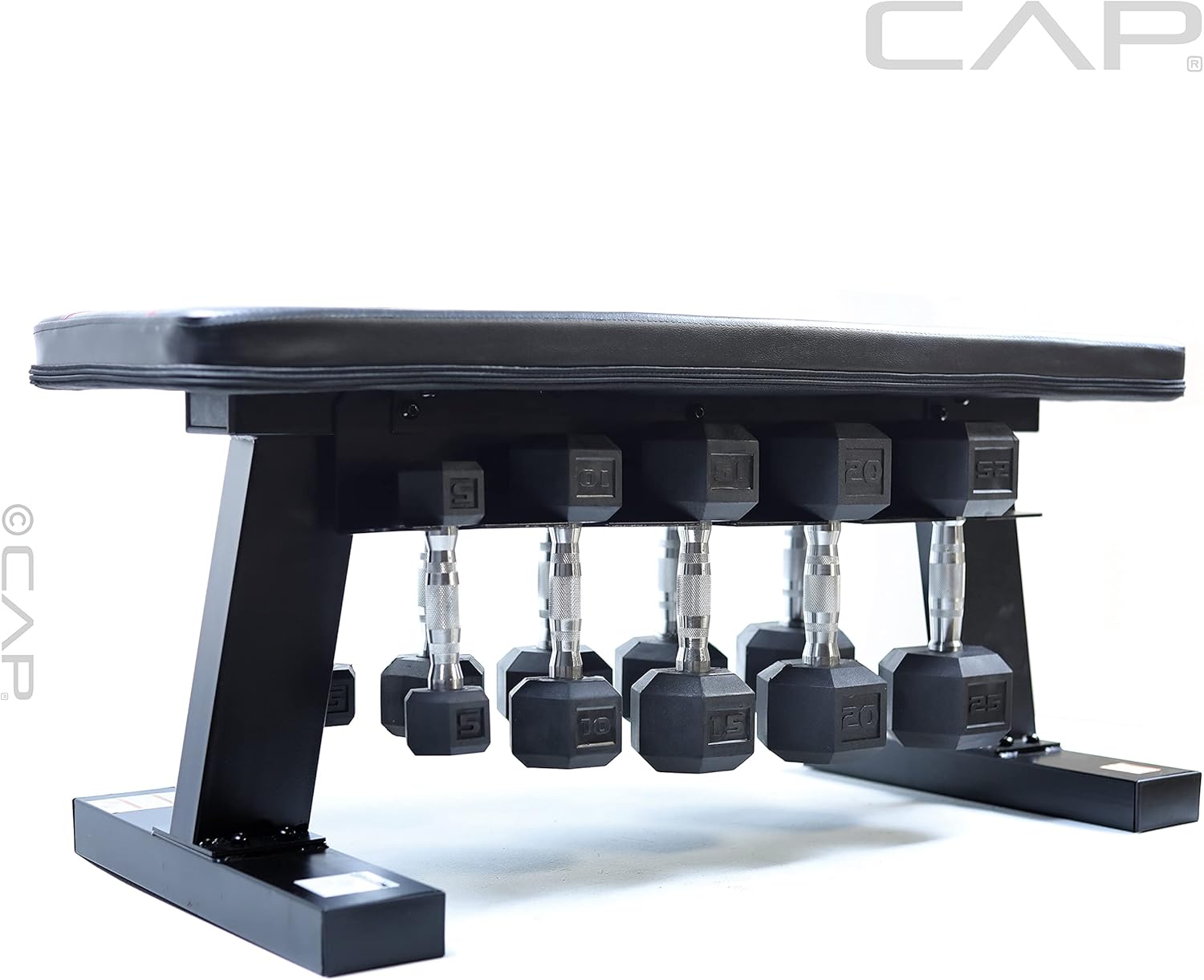 CAP Barbell Flat Bench with Dumbbell Storage and 150 lb Hex Coated Dumbbell Set