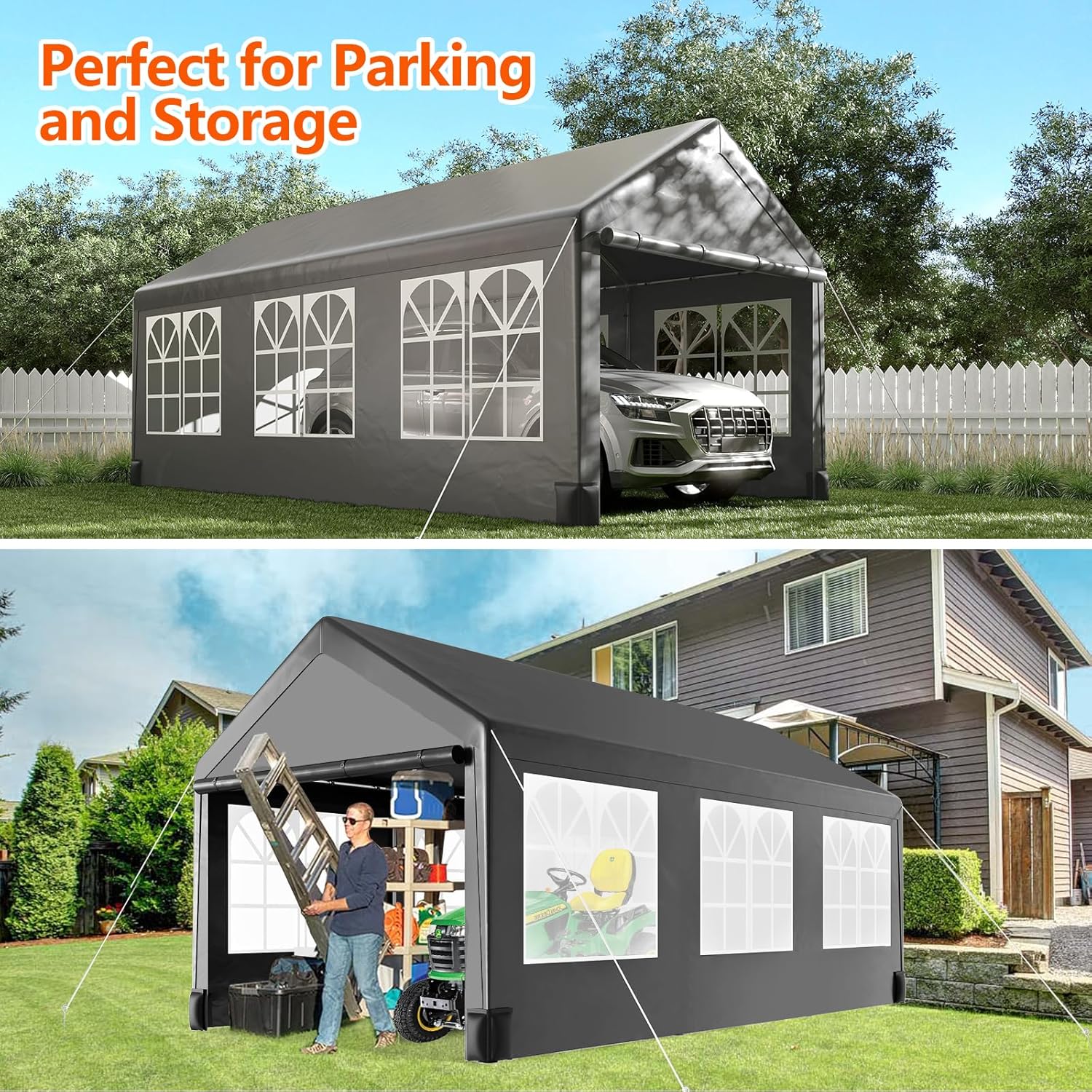 10 * 20 Heavy Duty Carport Canopy, Portable Car Tent Garage with 6 Roll-up Windows and All-Season Tarp Cover, Metal Roof & 4 Sandbags for Car, SUV, Truck & Boat, Grey