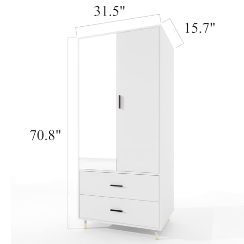 Armoire Wardrobe Closet with Hanging Rod 2 Doors 2 Drawers Mirror and Shelves for Bedroom Storage Organization Large Capacity Organizer for Clothes White 31.5" W x 15.7" D x 70.8" H