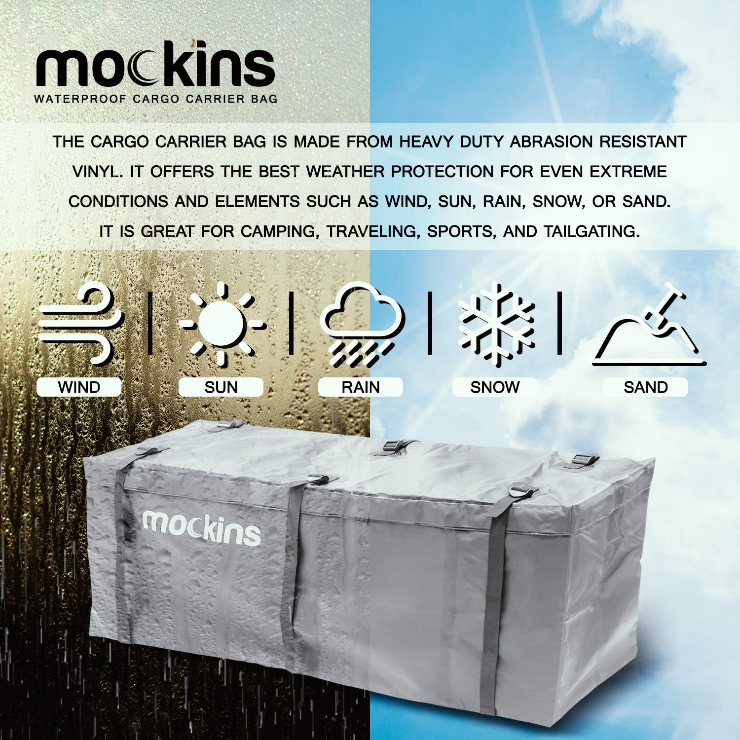 Mockins 15.5 Cu Ft Waterproof Cargo Bag for Hitch Carrier | The 57x24x19 Trailer Hitch Cargo Carrier Bag from Abrasion Resistant Vinyl | Cargo Carrier Hitch Mount Bag with Straps | Hitch Storage Bag