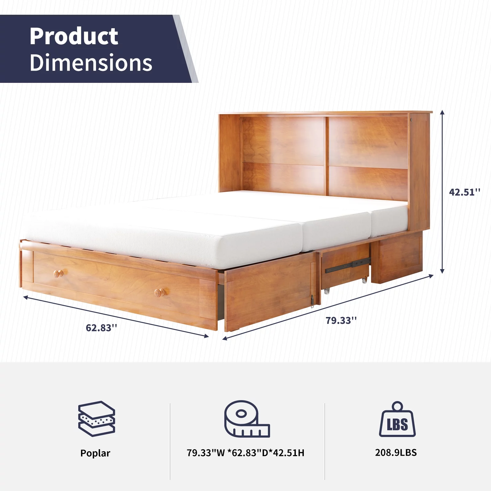 ZAFLY Murphy Bed with Trifold Foam Mattress, Cabinet Bed has USB Charging Station, Queen Size Cabinet Chest Bed with Large Drawers for Living Room/Bedroom (Cherry)