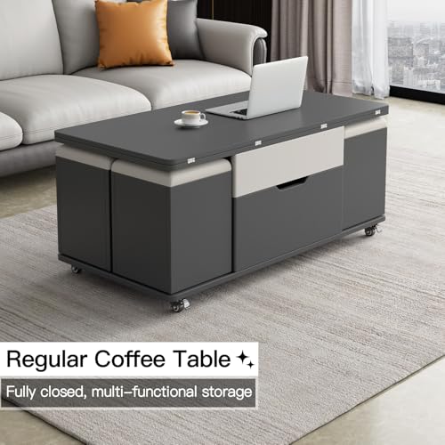 Lift Top Coffee Table with 4 Seats, 3 in 1 Mutifunction Center Table with Storage Pu Stools,Coffee Table Converts to Dining Table for Kitchen, Living Room, Bedroom