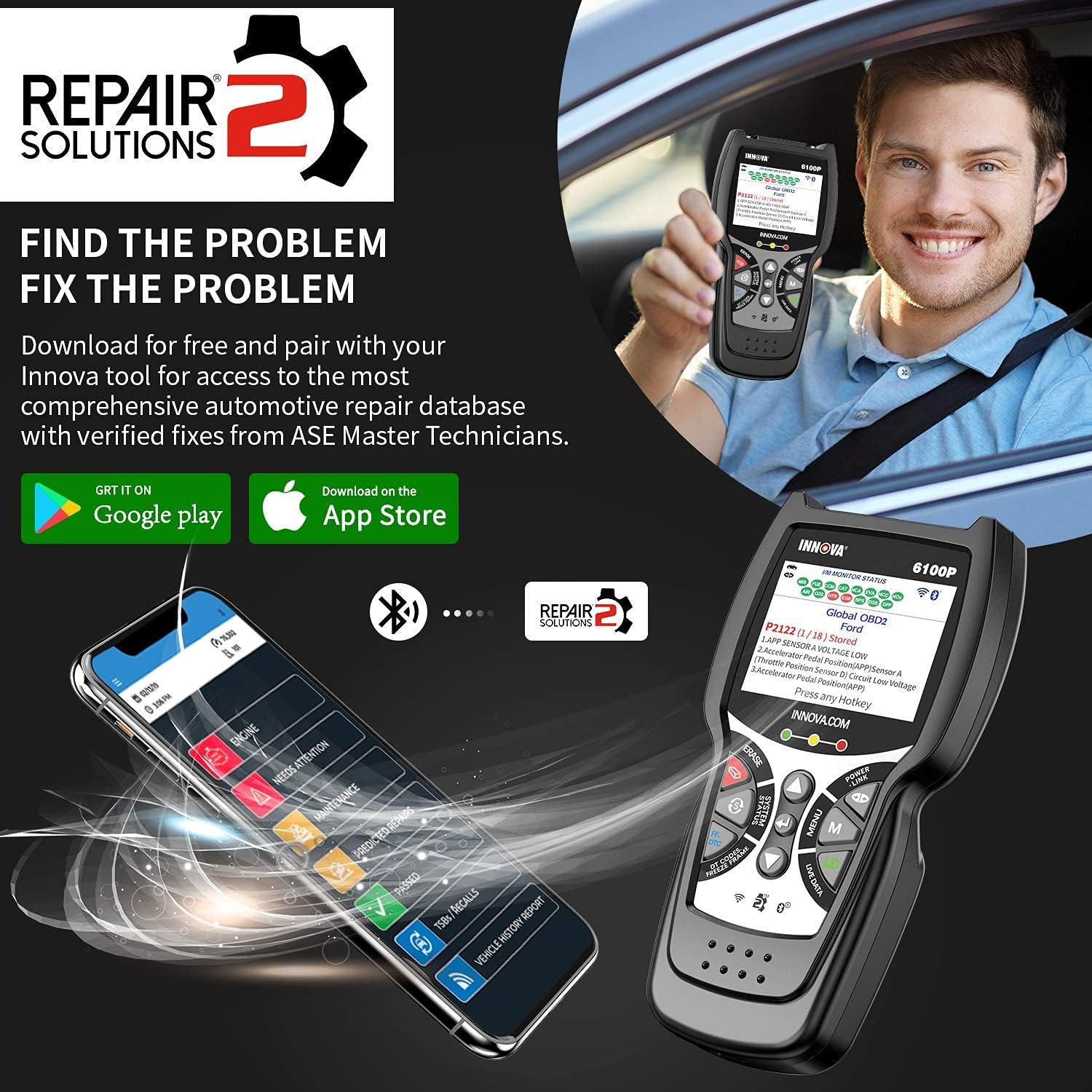 INNOVA 6100P OBD2 Scanner ABS SRS Transmission, Car Code Reader Diagnostic Scan Tool with Oil Reset /Battery & Alternator Test /Full OBD II /Live Data /Repair Solutions 2 APP