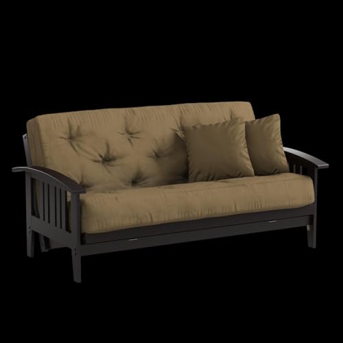 Nirvana Futons Westfield Complete Futon Set - Espresso Finish (Warm Black) – Large Queen Size, Mission Style Wood Futon Frame with Mattress Included (Twill Red), More Mattress Colors Available