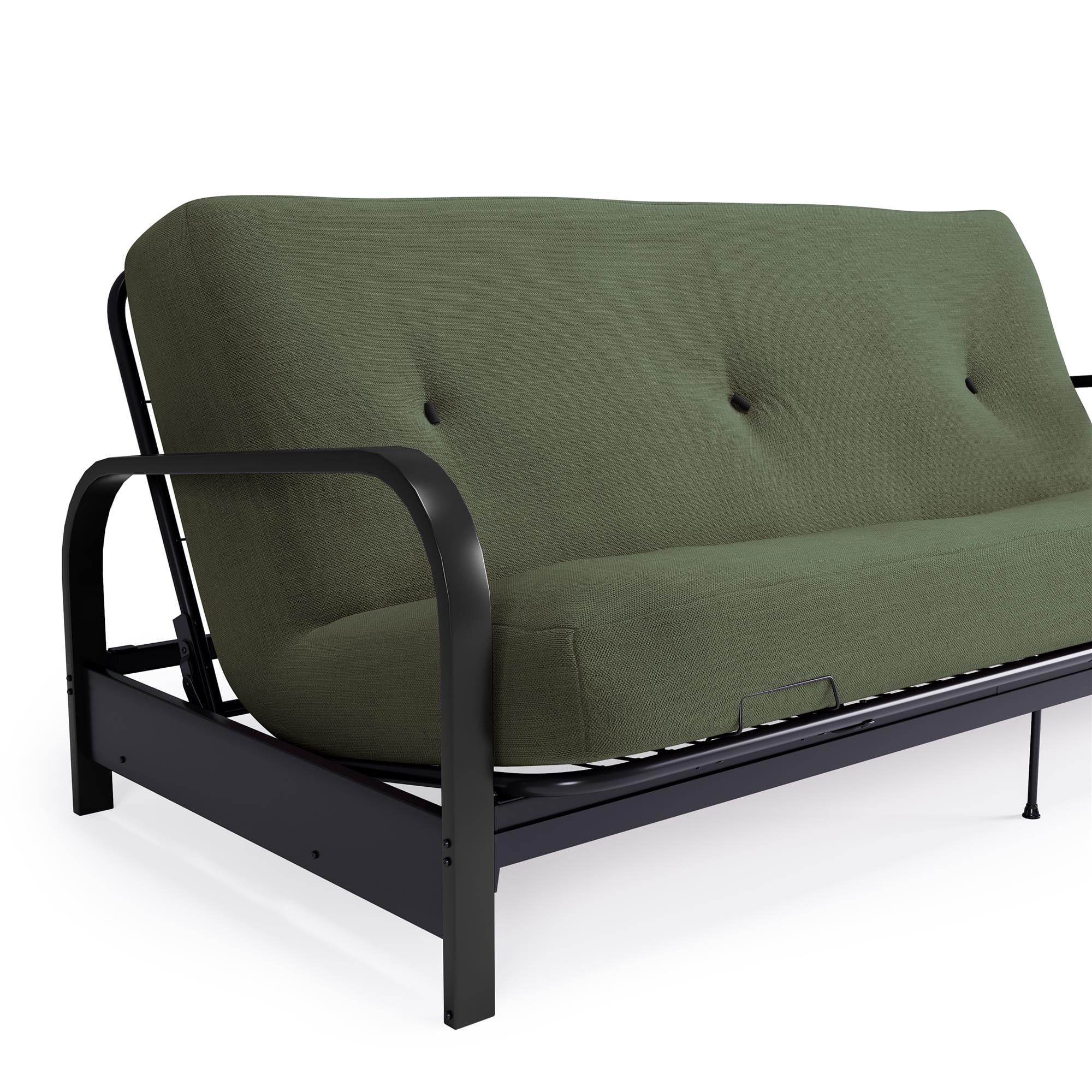 Cleo Futon Set with Black Metal Sofa Bed Frame and 6" Mattress, Full Size, Army Green
