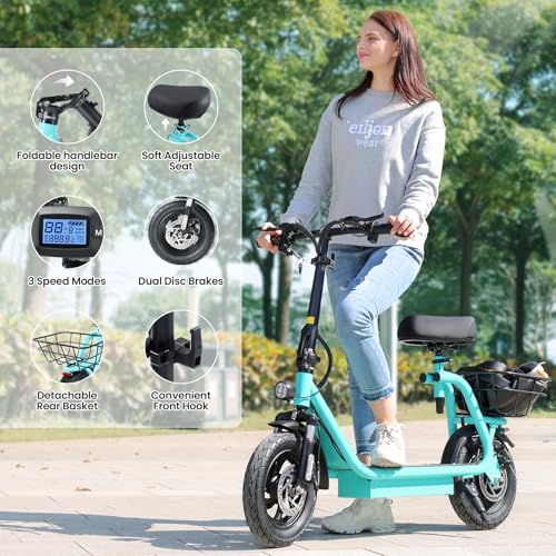 Caroma Peak 800W/1200W Electric Scooter Adults, 30 Miles Max Range, Foldable Electric Scooter with Seat, Front Suspension, Detachable Large Basket,Commuter E-Scooter for Adult and Teens