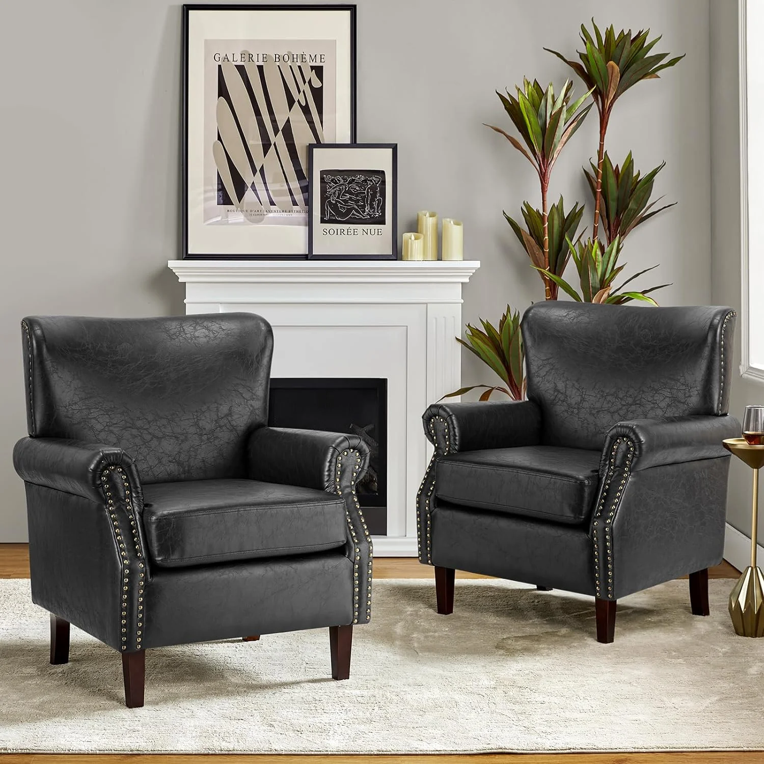 Faux Leather Accent Chairs Set Of 2 With Rolled Armrests & Nailhead Trim, Comfy Upholstered Living Room Armchairs With Removable Cushion, Traditional Sofa Chairs For Bedroom Office, Black - Curated Treasures Market