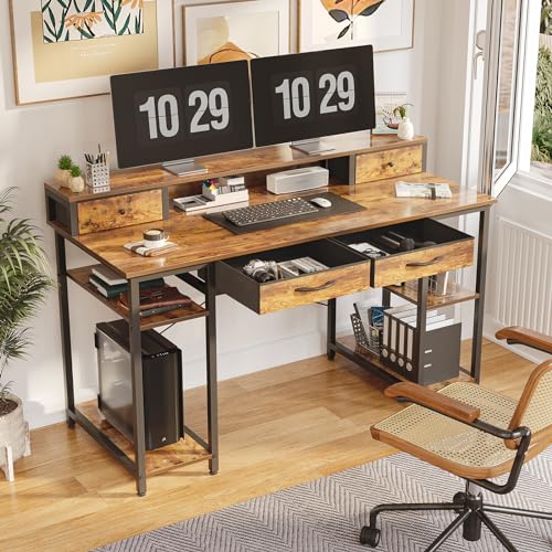 Treesland 55 Inch Computer Desk with Monitor Shelf, 24" Deep, Home Office Desks with Storage, Office Desk with 4 Drawers, Work Desk, Study Writing Desk, Desk with Drawers, Brown