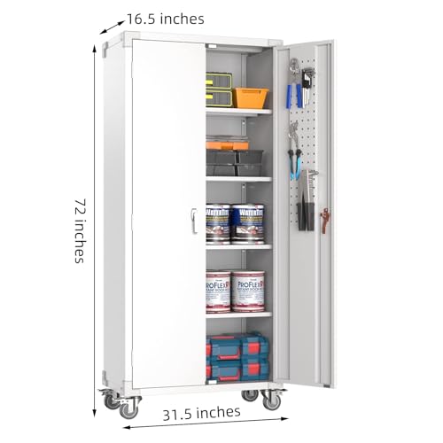 73" H Metal Storage Cabinet with Wheels, Garage Storage Cabinet with 4 Adjustable Shelves and Lockable Doors for Garage Home Office Utility Room,Required Assembly,Black