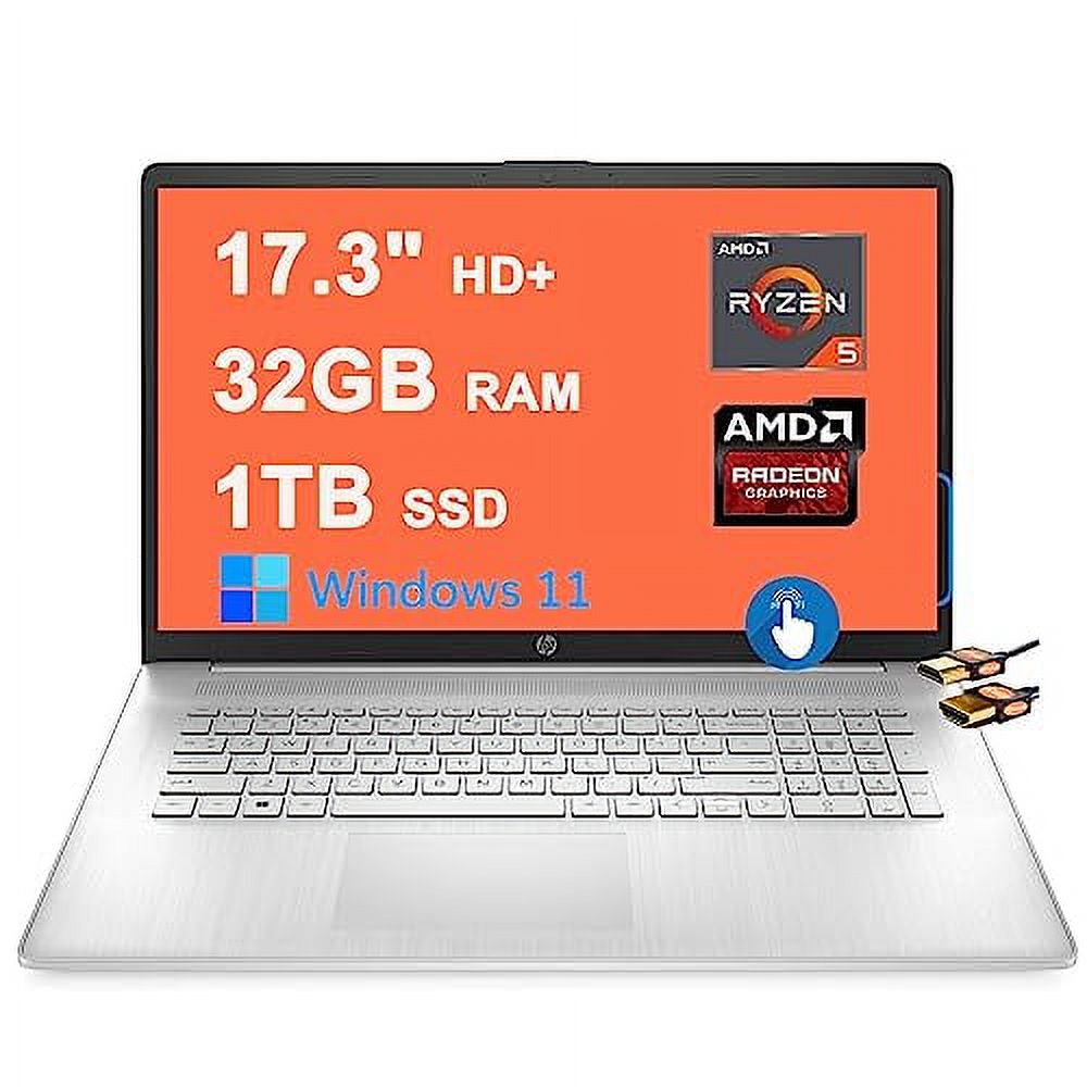 HP 17 Business Laptop Computer 17.3" HD+ Touchscreen AMD Hexa-Core Ryzen 5 7530U Processor (Beats i7-1160G7) 32GB RAM 1TB SSD USB-C AMD Radeon Graphic Win11 Silver + HDMI Cable
