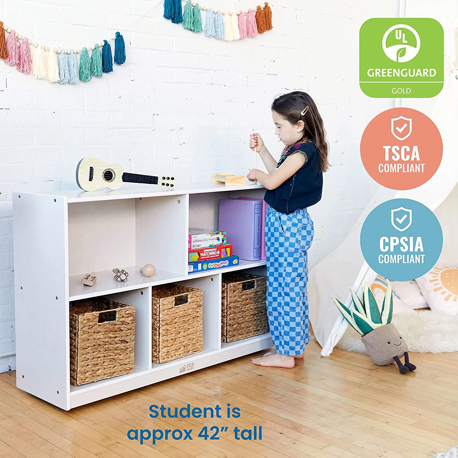 LIHONG 5-Compartment Mobile Storage Cabinet, 30in, Classroom Furniture, White Wash