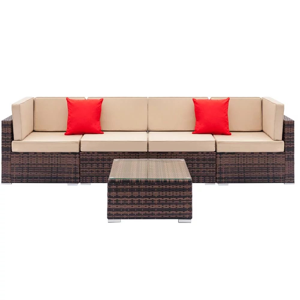 Ktaxon 5 Piece Patio PE Rattan Wicker Iron Frame Sectional Sofa Set Brown - Curated Treasures Market