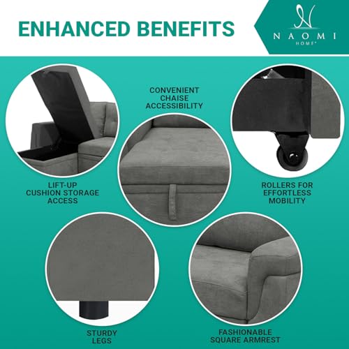 Naomi Home Jenny Sectional Sofa Sleeper with Storage Chaise, Tufted Pull Out Couch with Storage, L-Shaped Reversible Sleeper Sofa with Storage, Black,Air Leather