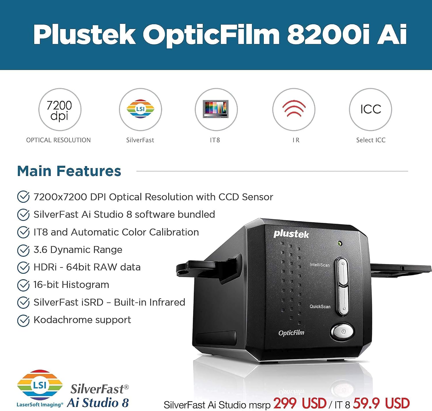 Plustek OpticFilm 8200i Ai Film & Slide Scanner Converter + 35mm Mounted Slide Holders kit x 4