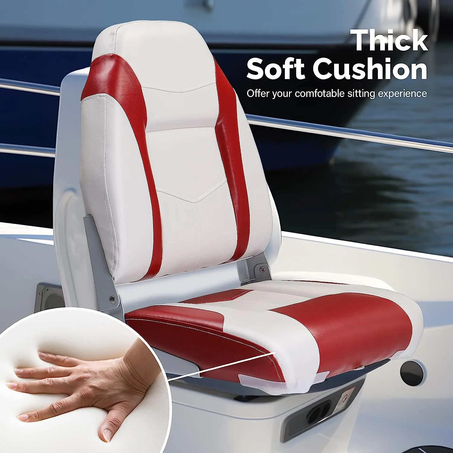 PEXMOR Low/High Back Boat Seats, Folding Boat Seats 2 Pack Thick Soft Cushion Waterproof, Fishing Captain Boat Seats w/Aluminum Hinges & Stainless Steel Screws, 2 Packs