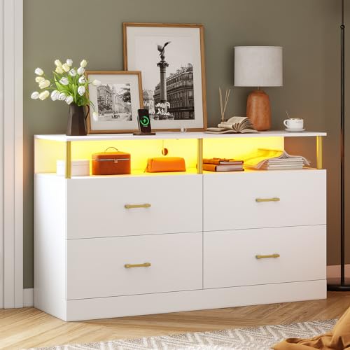 AOGLLATI White Dresser for Bedroom with Charging Station, Dressers & Chests of Drawers with Column Design, 4 Drawer Modern Bedroom Led Wide Wood Dresser for Bedroom