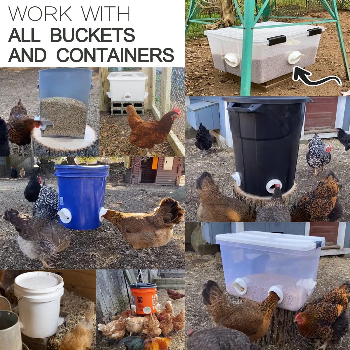 No Waste Chicken Feeder, Poultry Feeder DIY Port Gravity Automatic Fed Kit with Rat Stopper Caps, Rain Proof, Weather Resistant, for Buckets, Barrels, Bins, Troughs（8 Ports,1 Hole Saw）
