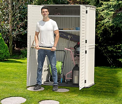 KINYING Outdoor Storage Shed Waterproof, Resin Vertical Outdoor Storage Cabinet for Patio Furniture, Garden Tools, Pool Accessories, Mower Storage (52 Cu.ft, Dark Brown)