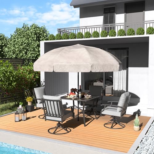 Patio Dining Set 7 Pieces for 6,Outdoor Metal Furniture Conversation Set w/2 Swivel Chairs and Longboard Metal Dining Table with Umbrella Hole for Backyard,Garden,Poolside,Sand