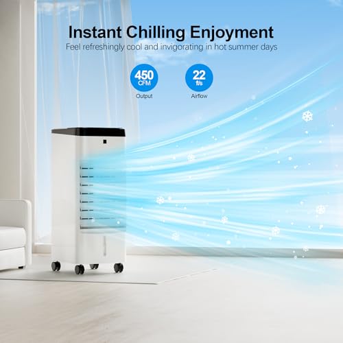 Uthfy Evaporative Air Cooler, 3 In 1 Swamp Cooler with 6 Ice Packs, Remote, 12H Timer, Portable Evaporative Cooler with 70° Oscillation, 3 Speeds, 3 Modes