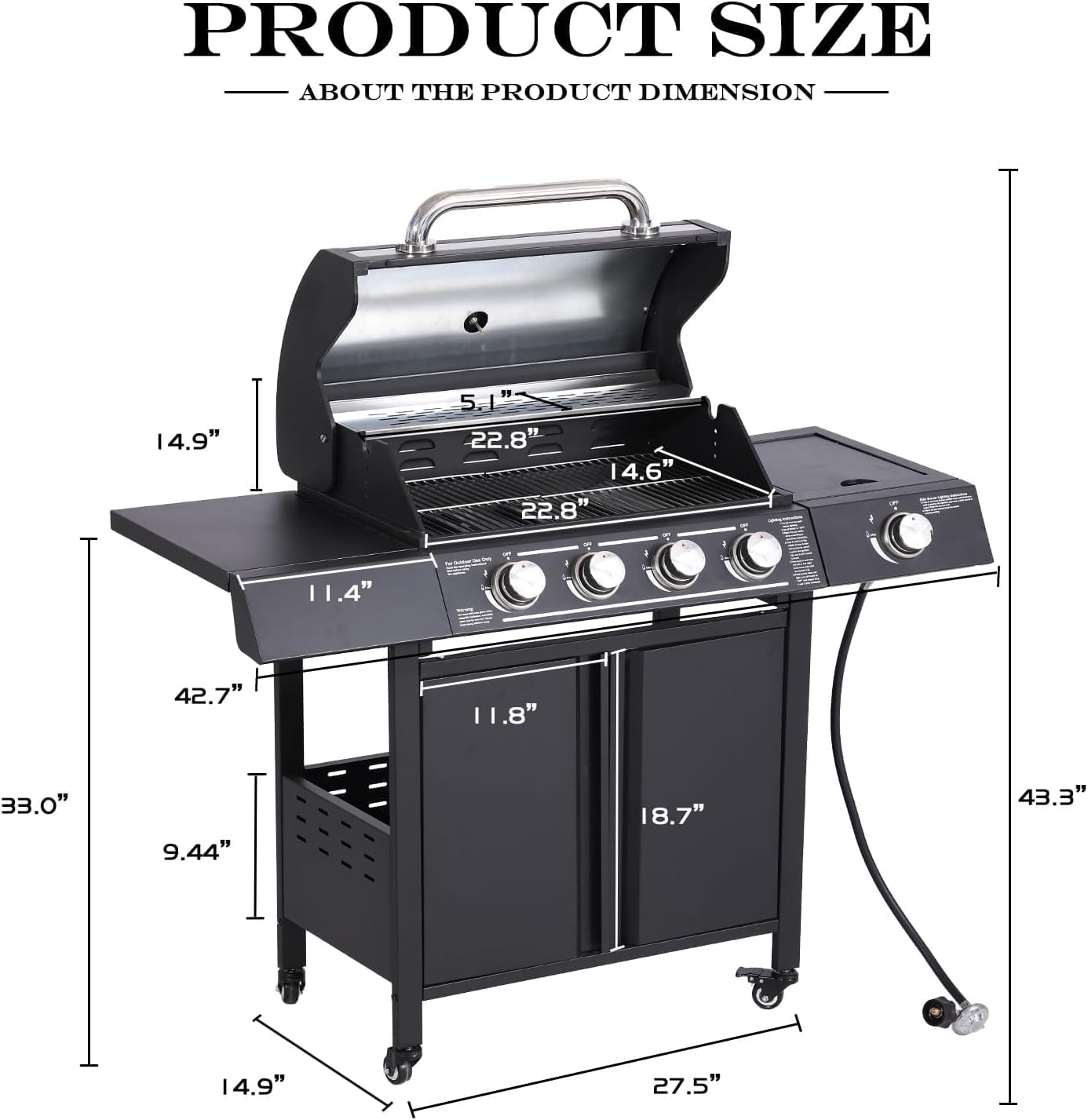 MAGIC UNION 4-Burner Propane Gas BBQ Grills with Side Burner, Cast Iron 50,000 BTU Patio Barbecue Grill with Stainless Steel Grates for Outdoor Cooking, Backyard, Garden