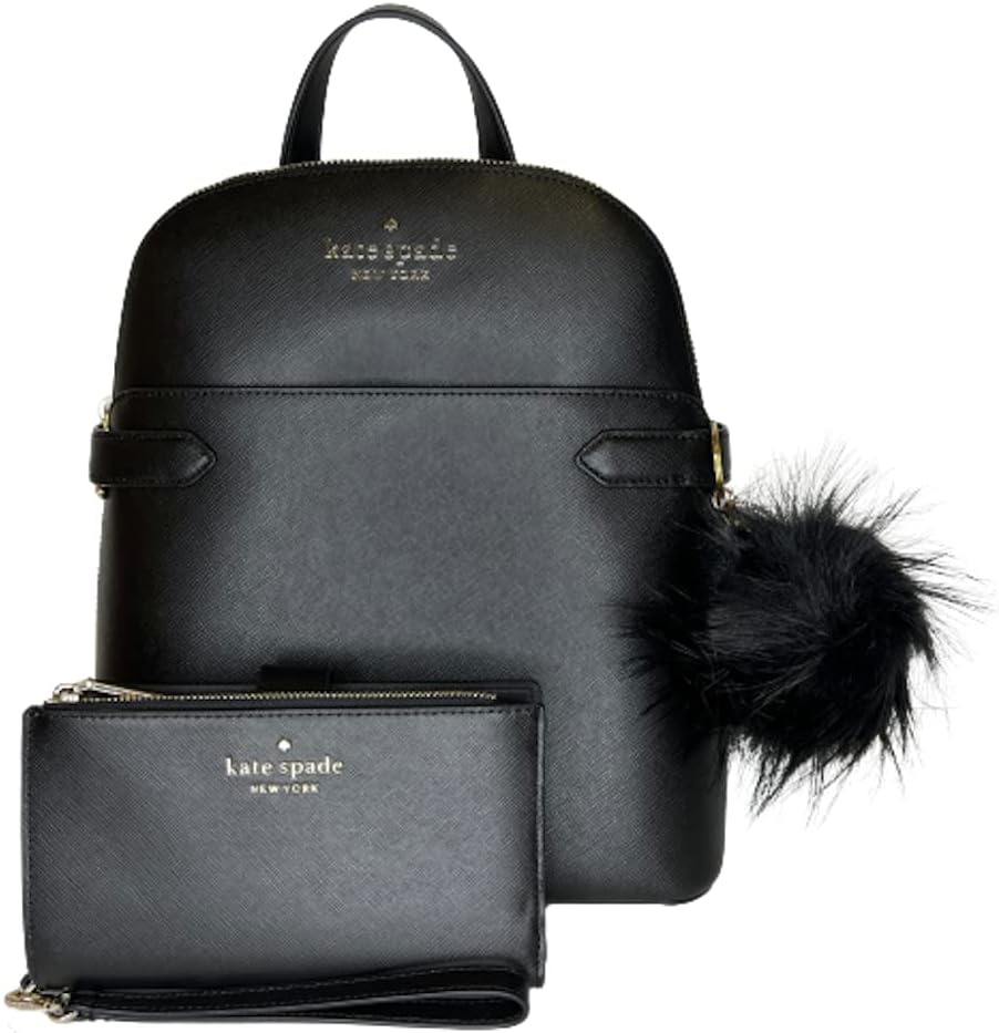Kate Spade New York Staci Dome Backpack bundled with matching Staci Phone Wristlet and Fur Pom (Black)