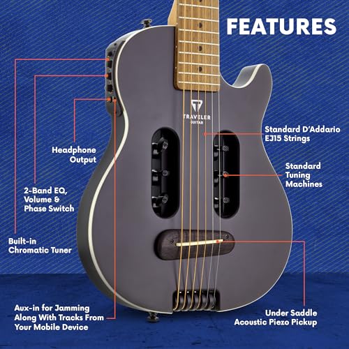 Traveler Guitar Escape Mark III Black Satin Acoustic Guitar | Small Acoustic Travel Guitar with Built-in Headphone Amp | Full 25.5" Scale Portable Headless Guitar | Mini Guitar with Custom Gig Bag