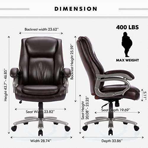 COLAMY Big and Tall Office Chair 400lbs-Heavy Duty Executive Computer Desk Chair with High Back, Metal Base, Back Support for Heavy People-Brown