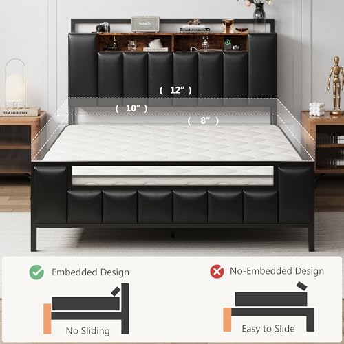 Alohappy Full Size Bed Frame with Storage Headboard & Charging Station, PU Leather Platform Bed Frame Full with LED Lights and Hidden Storage, Heavy Duty Metal Slats, No Box Spring Needed, Black