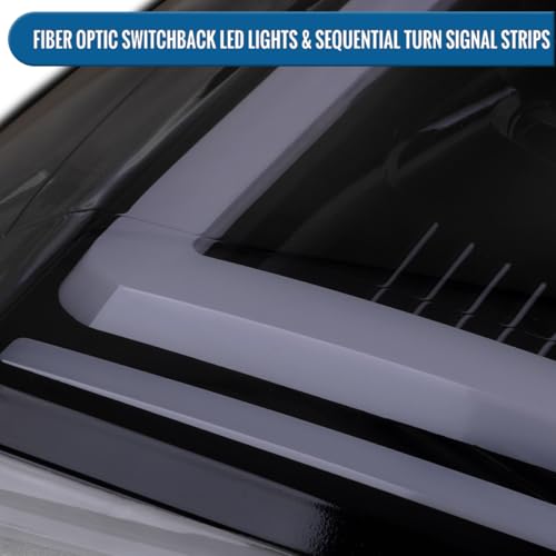 Fits 2007-2014 GMC Yukon XL 1500 2500 Upgraded LED Tube Switchback Sequential Turn Signal Projector Headlights Assembly Pair | Black Smoke