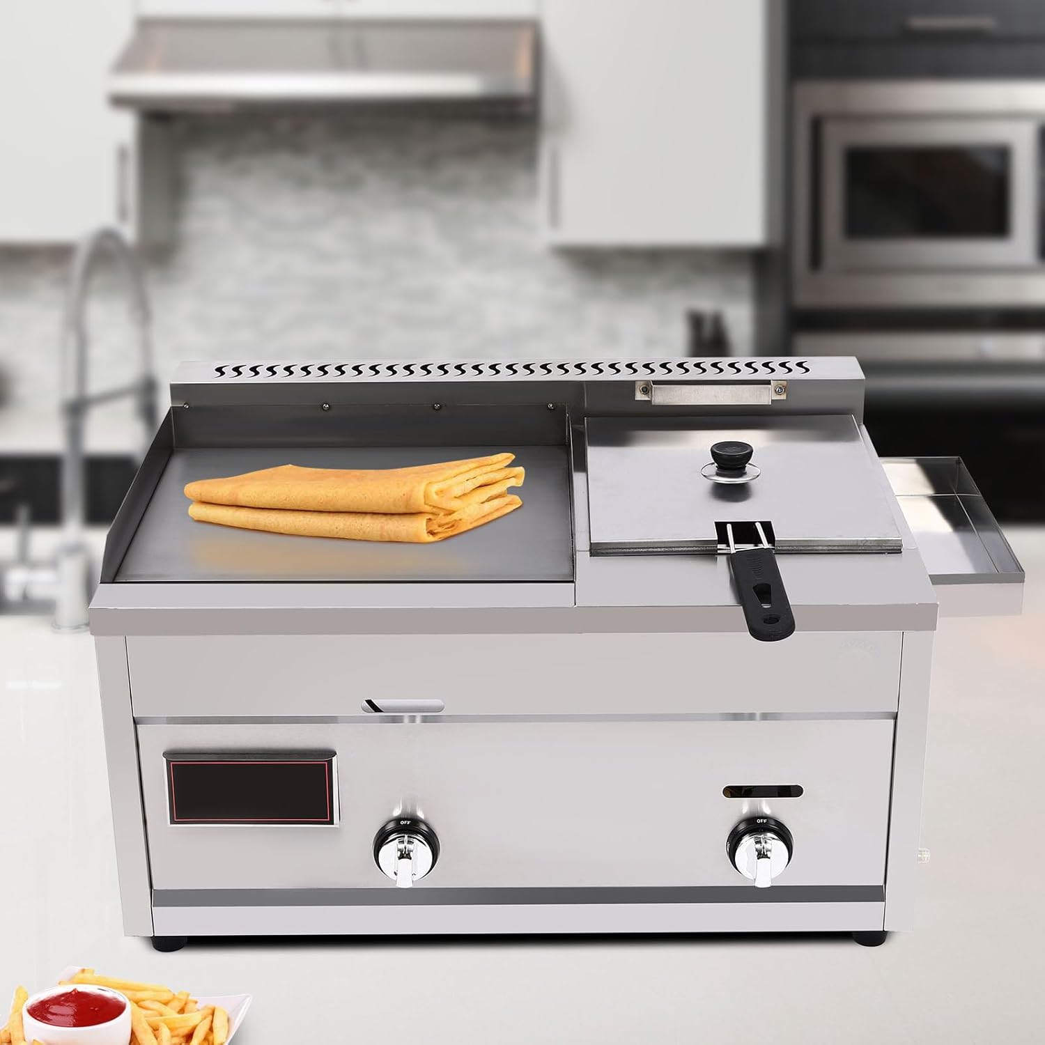 Gas Propane Griddle and Deep Fryer Fast Heating Flat BBQ Hot Plate Frying Machine with Dual Burners Multi-Function Grill and Oil Frying Cookware W/Basket Combo(Stainless Steel)