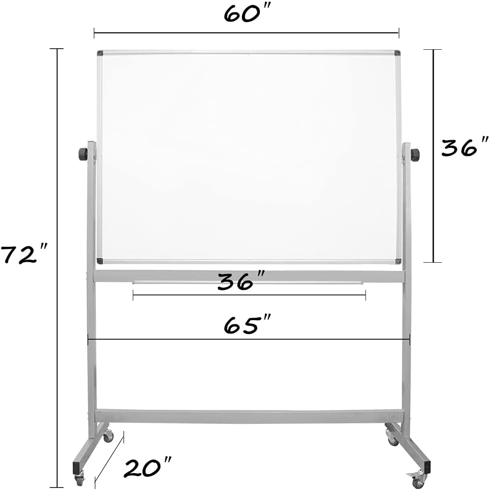 Mobile Whiteboard, Rolling Double Sided Dry Erase Board, Magnetic White Board with Metal Frame, 36 x 60 Inch, Heavy Stable Metal Frame