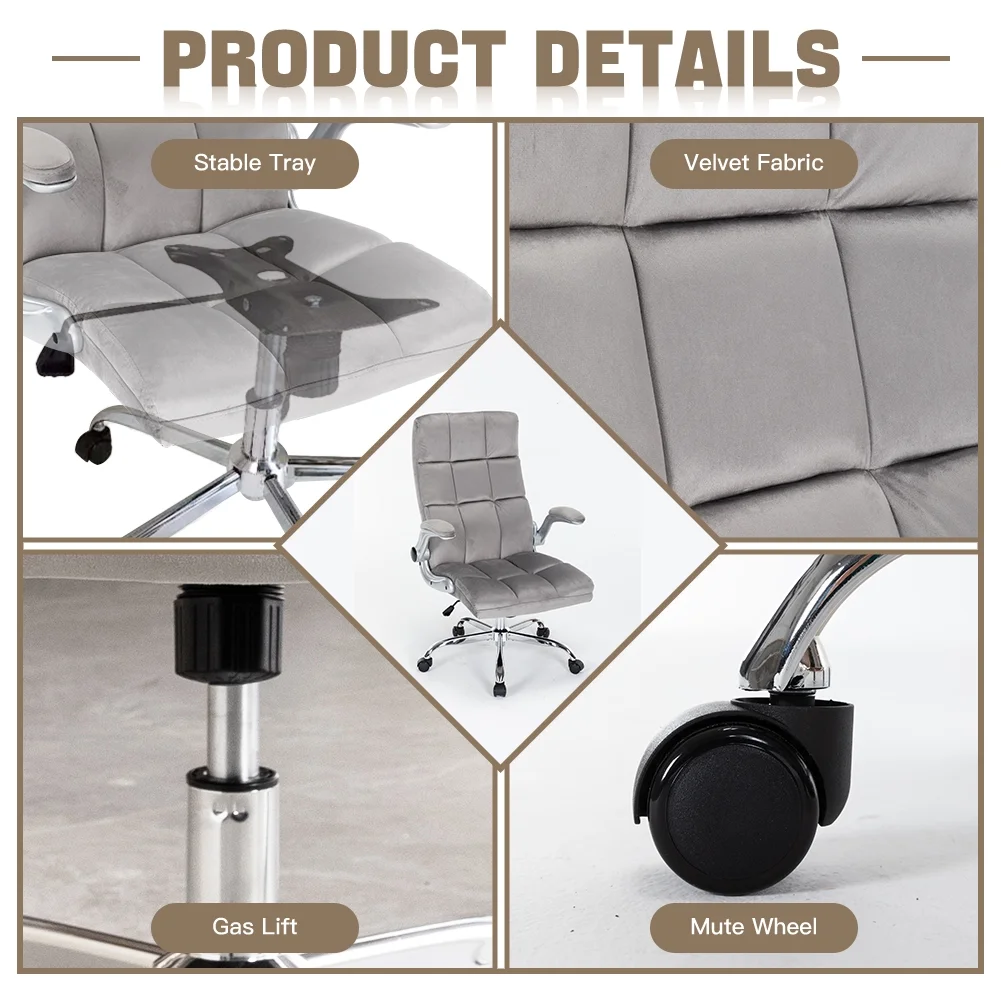 Velvet Office Chair for Home Office Desk Chair Comfy Computer Chair, Home Office Chairs with Wheels and Flip-Up Arms, High Back Cute Office Chair Work Chair (Grey)