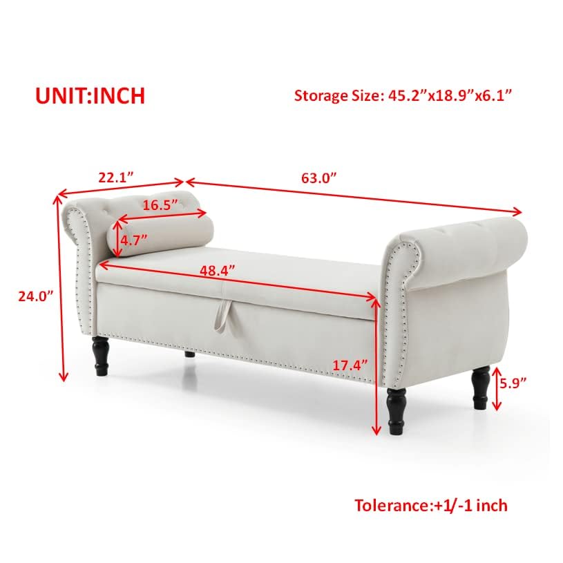 63" Button Tufted Velvet Upholstered Bench & Ottoman W/Storage for Bedroom End of Bed Home Entryway Living Space, Soft Padded Footstool w/Nailhead Decor and Pillow, Grey V