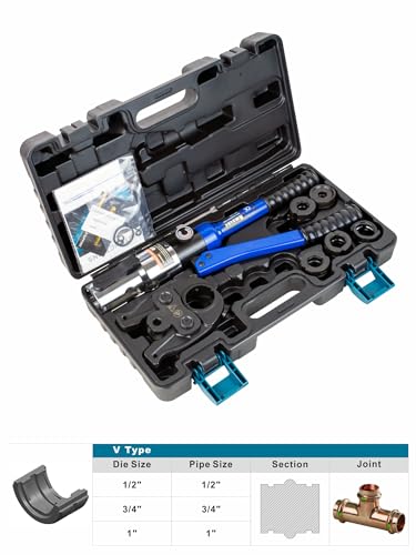 AMZCNC Copper Tube Fittings Pipe Crimping Tool with 1/2 inch,3/4 inch and 1 inch Jaw Copper Pipe Press Crimpers Pressing Pliers,Suit for Narrow Space and Tee Fitting，Hydraulic drive