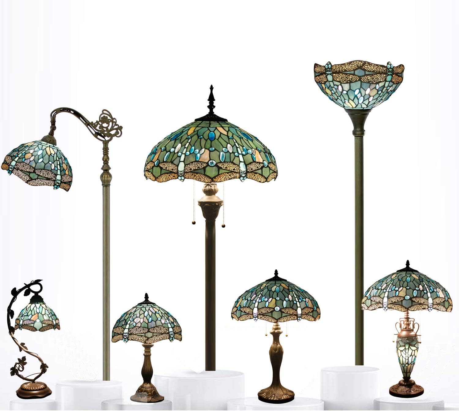 WERFACTORY Tiffany Lamp Sea Blue Stained Glass Bedside Table Lamp Dragonfly Style Desk Reading Light Metal Base 16X16X24 Inches Decor Bedroom Living Room Home Office S147 Series