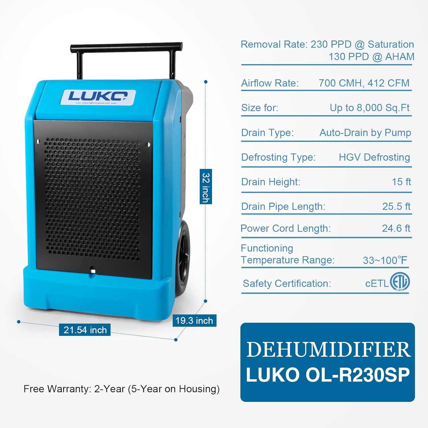 LUKO 230 Pints Commercial Dehumidifier with Pump & 25.5 FT Long Drain Hose, Portable Roto-Molded Industrial Dehumidifier for Efficient Water Damage Restoration, Construction Drying, Commercial Rental