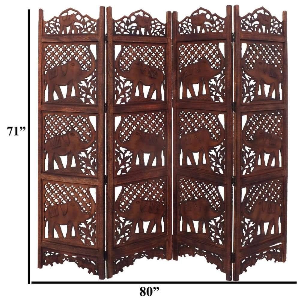 Benzara Carved Screen Elephant Wood Room Divider