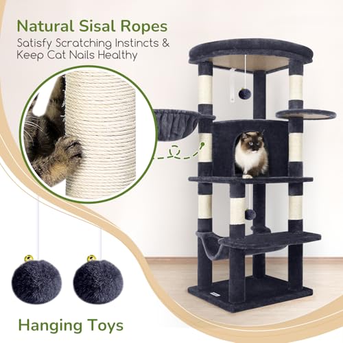 Globlazer Corner Cat Tree for Large Cats, 66inch Tall Curved Series Large Cat Tower for Multiple Indoor Cats with 6 Scratching Posts, 2 Spacious Cat Condos, Hammock, Hanging Basket, C66, Beige