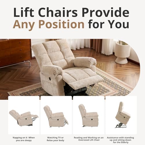 Oversized Power Lift Recliner Chair for Elderly, Extra Wide Lift Chair with Masssage and Heat, Chenille Electric Recliner Chairs for Big and Tall, USB Ports, Coffee