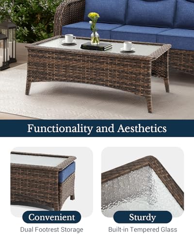 Luxury Patio Furniture Set with 6-inch Thick Cushion, Outdoor Couch and High Back Swivel Rocker Patio Chairs, 7PCS Wicker Conversation Set for Deck, Yard, and Poolside in Blue (V2)