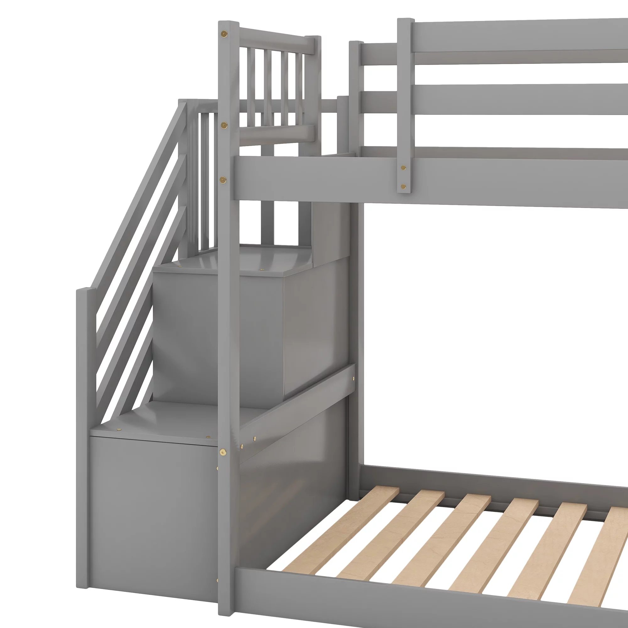 EUROCO Wood Twin over Twin Bunk Bed with Slide and Staircase, Low Profile Bunk Bed with Storage, Gray
