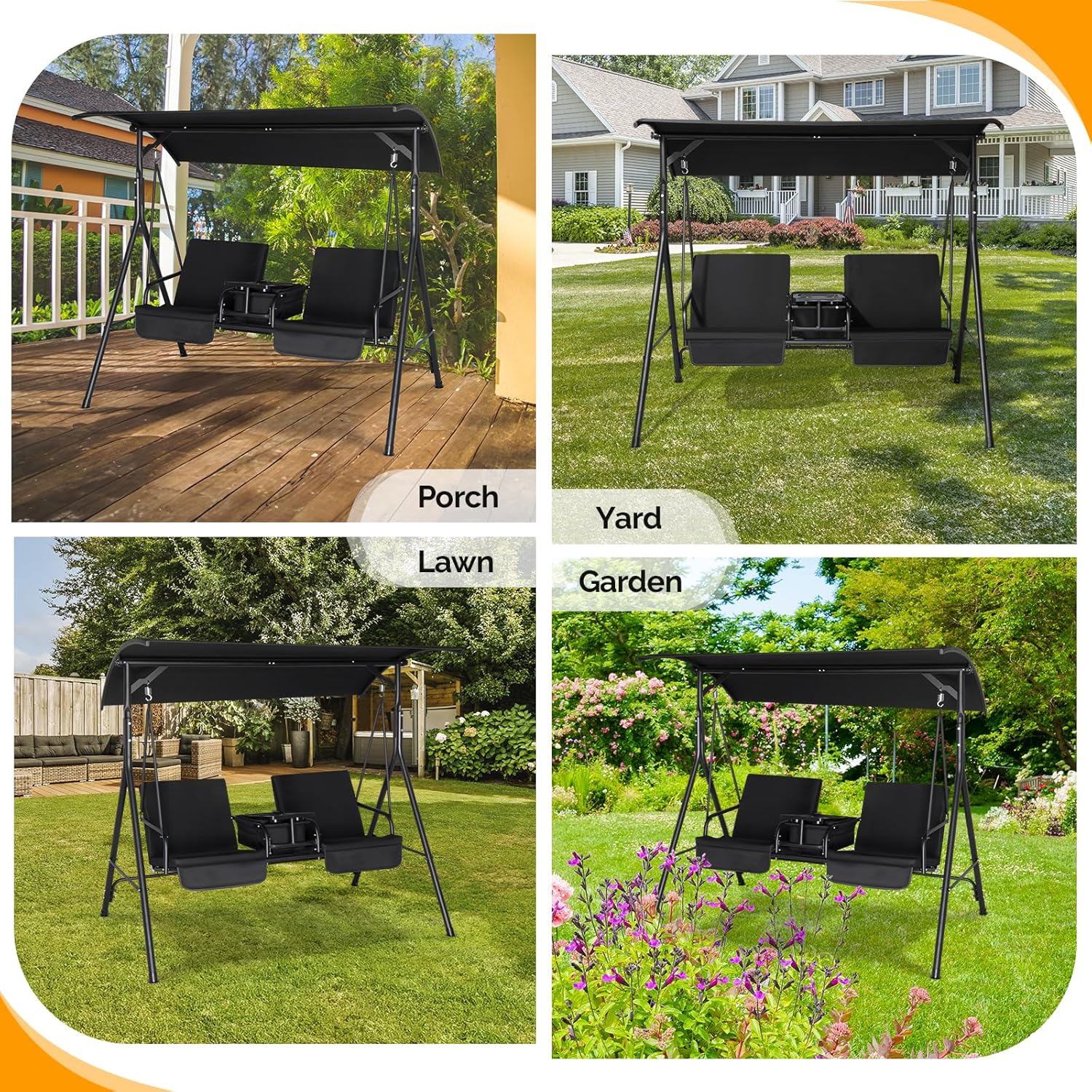 VINGLI Outdoor Porch Swing with Canopy, Heavy Duty 550 LBS Canopy Swing with Cup Holder & Ice Bag & Cushions for Yard, Pool, Lawn, Indoors, Black