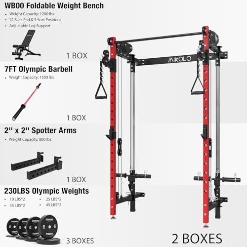 Mikolo Folding Squat Rack, Wall Mounted Power Rack with Cable Crossover Machine & LAT Pull Down, Functional Trainer with 5 Adjustable Function Modes, for Home Gym and Space Saving