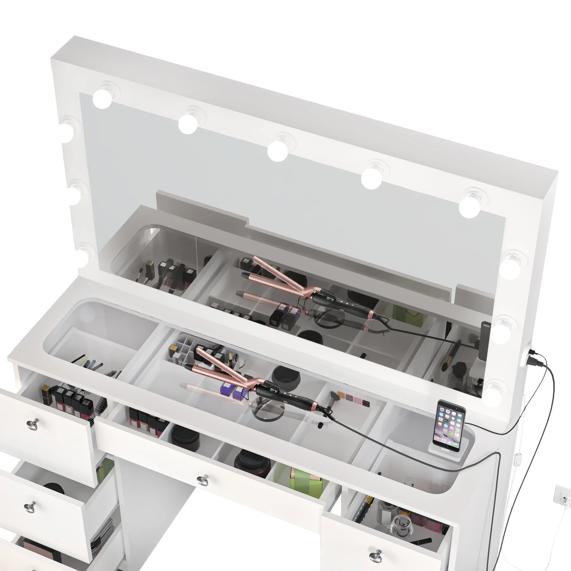 Boahaus Modern Yara Makeup Vanity Table Set with Mirror, 7 Drawers, White, Built-in Lights